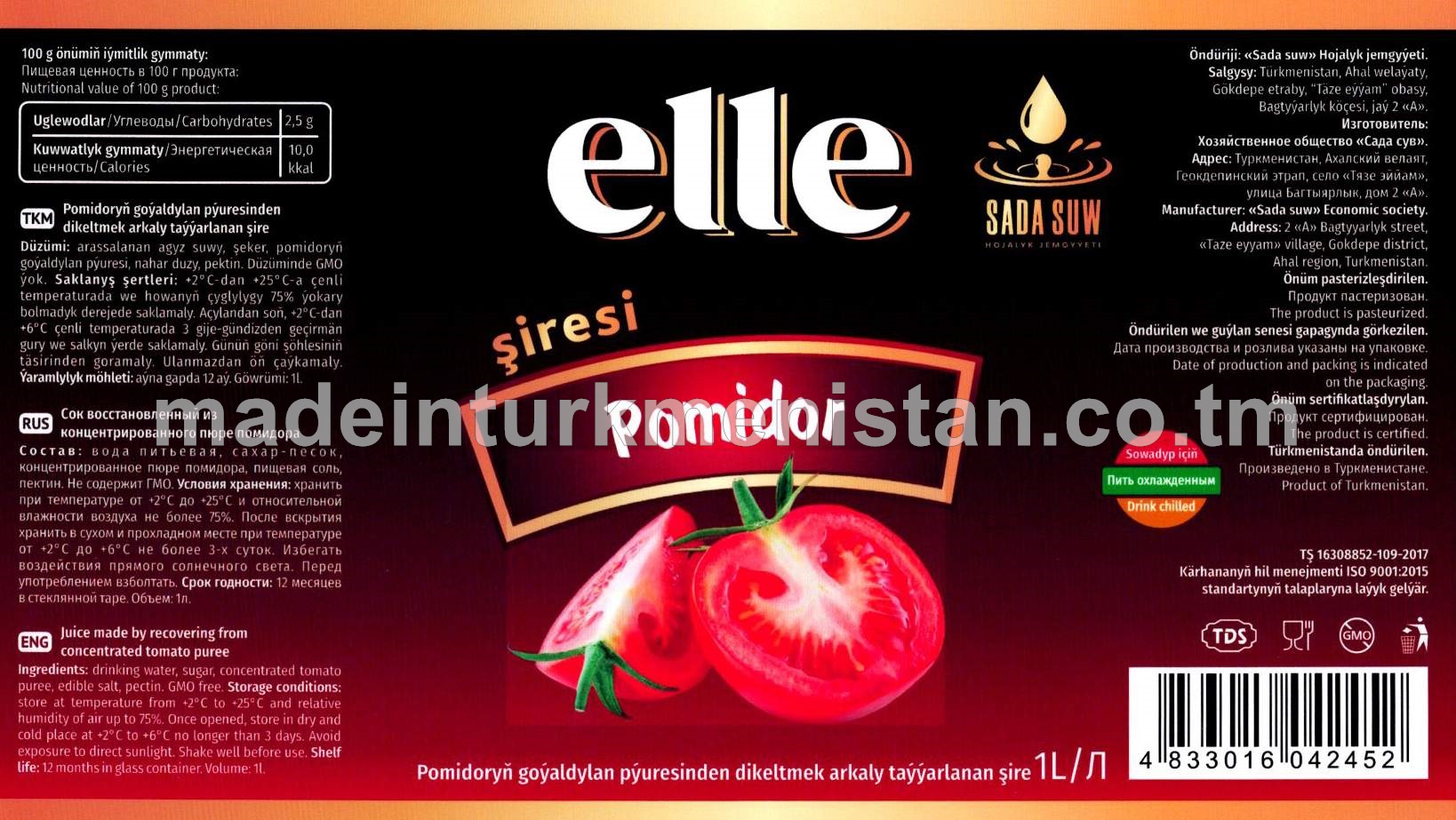 Elle pomidor goýaldylan pýuresinden dikeltmek arkaly taýýarlanan şire