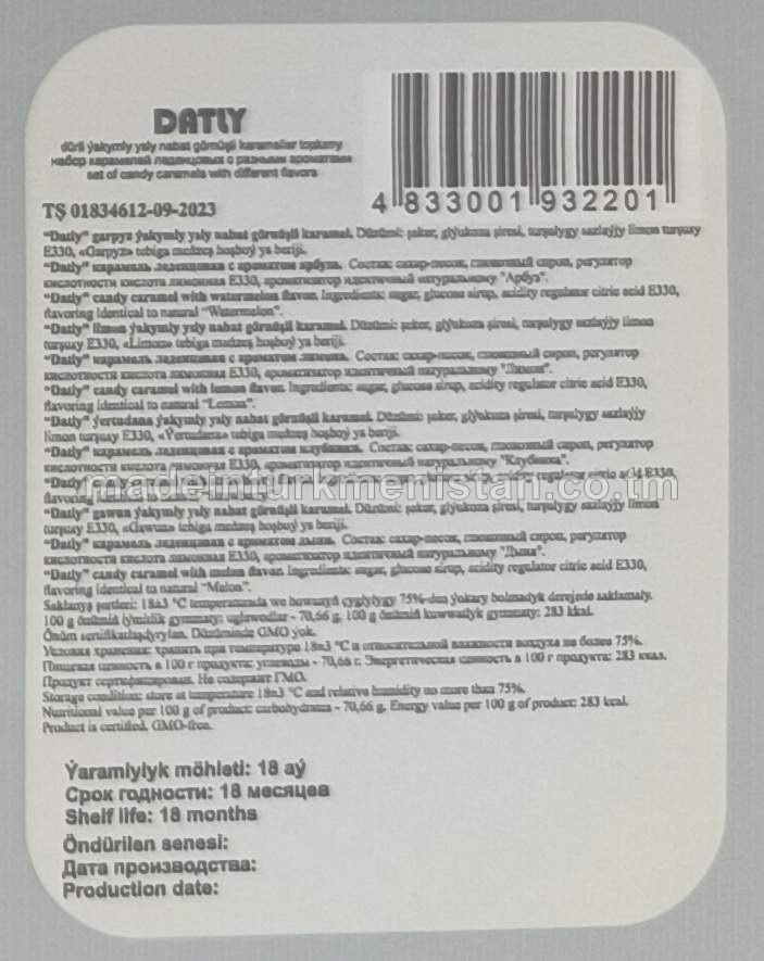 "Datly" dürli ýakymly ysly nabat görnüşli karameller toplumy (garpyz, limon, ýertudana, gawun)
