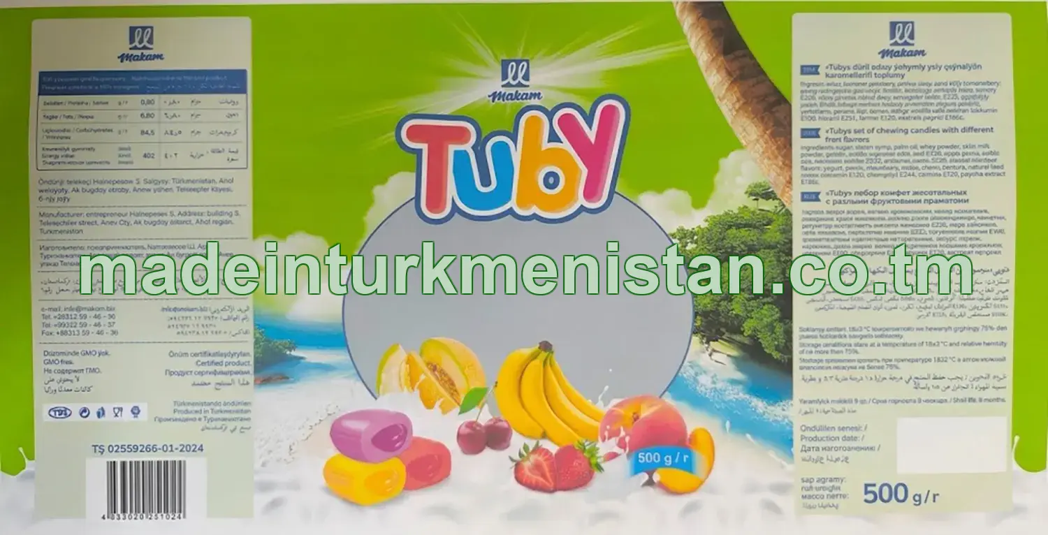 "Tuby" Dürli miwe ýakymly ysly çeýnelýän karamelleriň toplumy