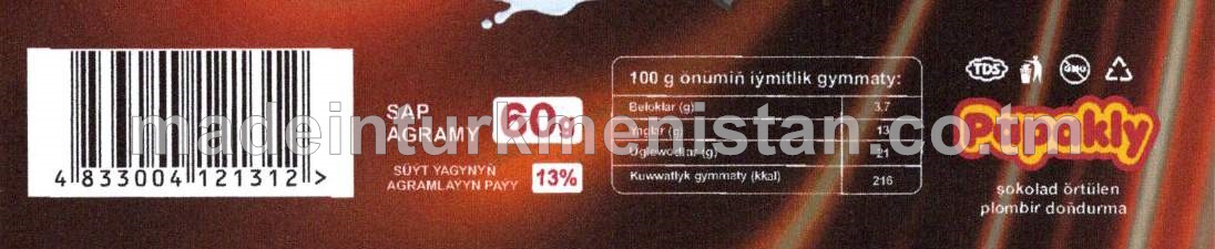 "Papakly" şokolat örtülen plombir doňdurma. Ýaglylygy 13%