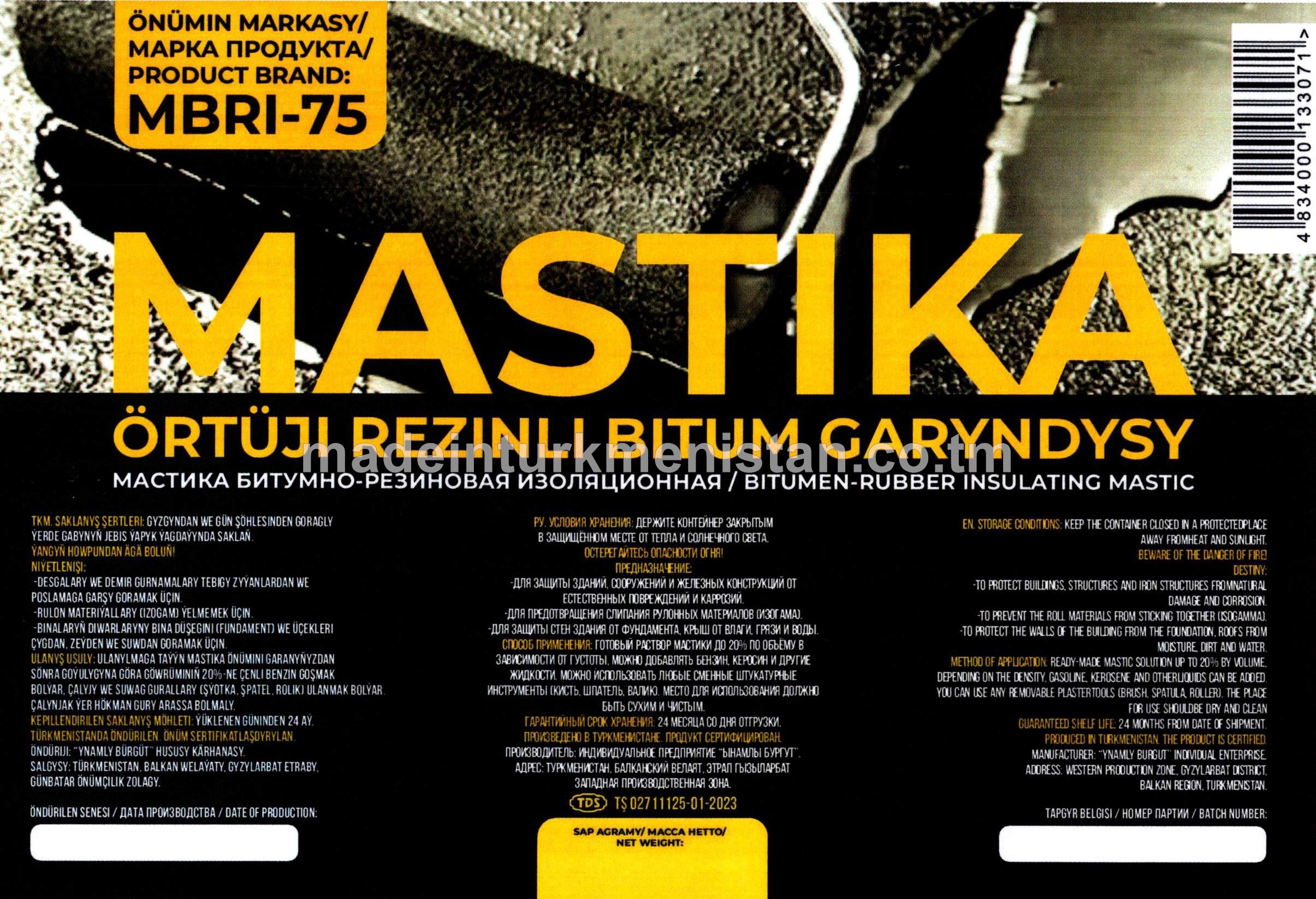 Mastika örtüji rezinli bitum garyndysy MBRI-75