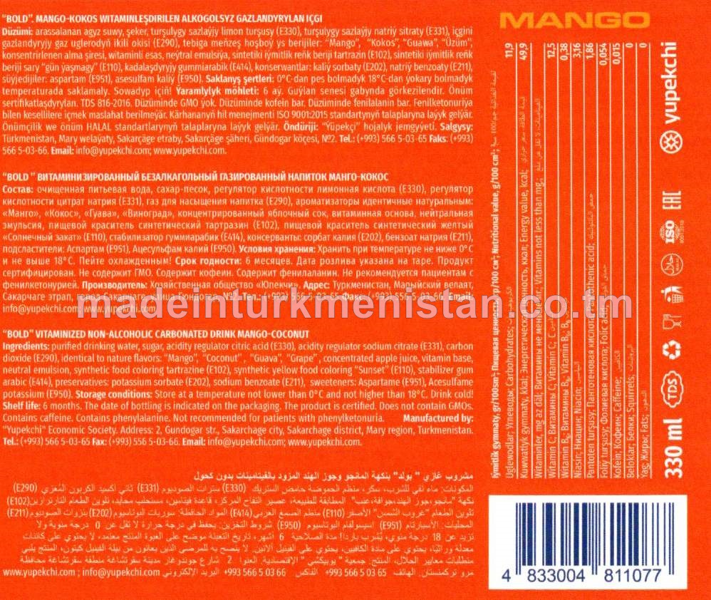 Mango-kokos witaminleşdirilen alkogolsyz gazlandyrylan içgi