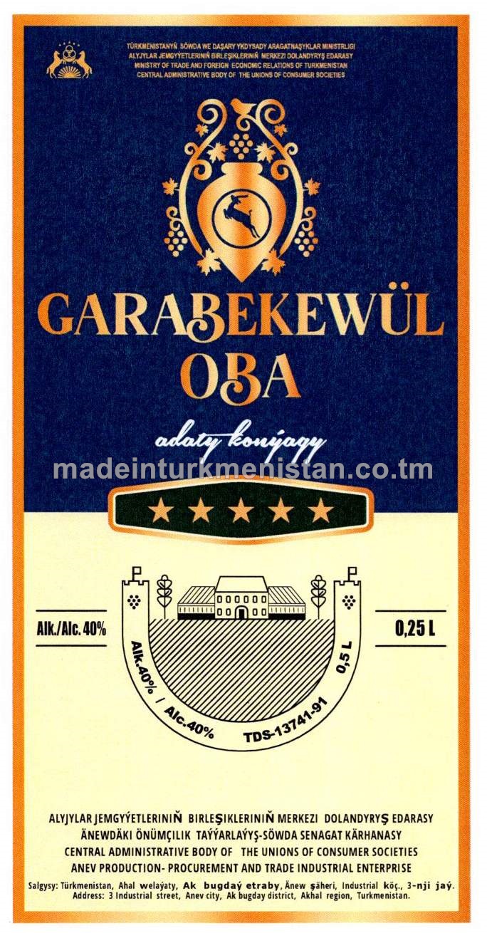 "GARABEKEWÜL OBA" adaty konýak. Alk: 40%