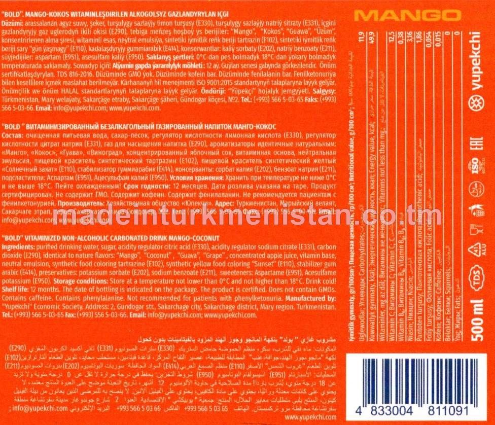 Mango-kokos witaminleşdirilen alkogolsyz gazlandyrylan içgi