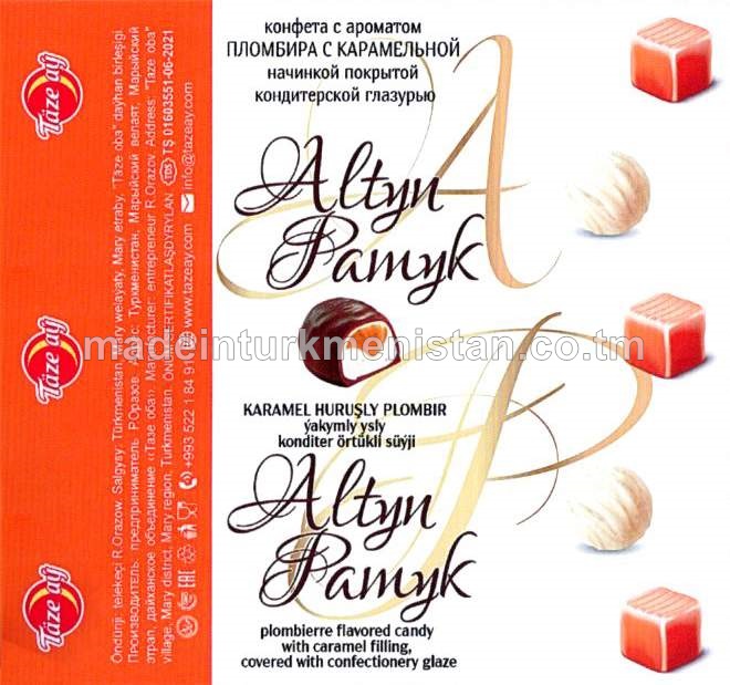 “Altyn Pamyk” karamel huruşly plombir ýakymly ysly konditer örtükli süýji