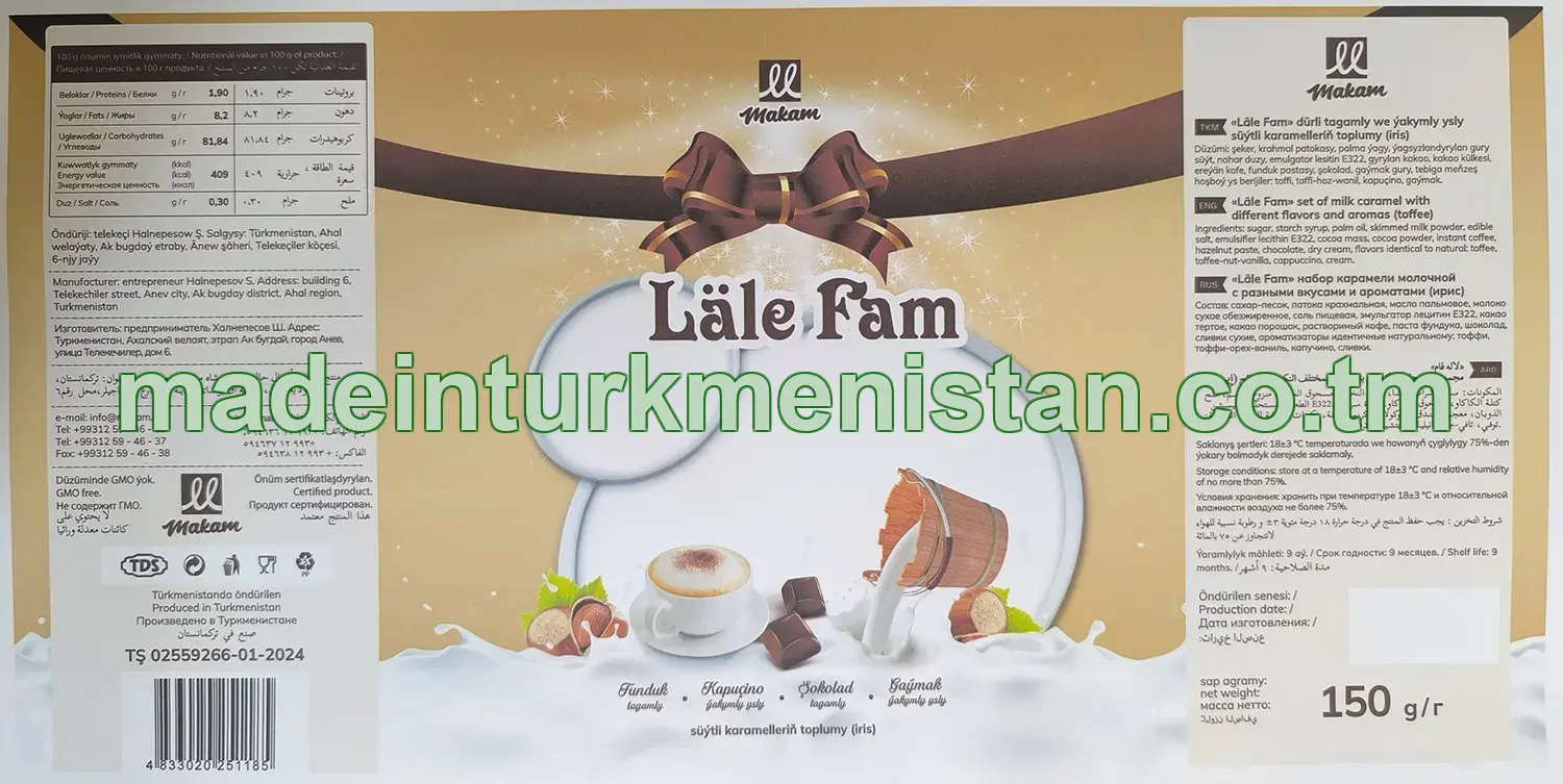 "Läle Fam" dürli tagamly we ýakymly ysly süýtli karamelleriň toplumy (iris) (funduk tagamly, kapuçino ýakymly ysly, şokolad tagamly, gaýmak tagamly)