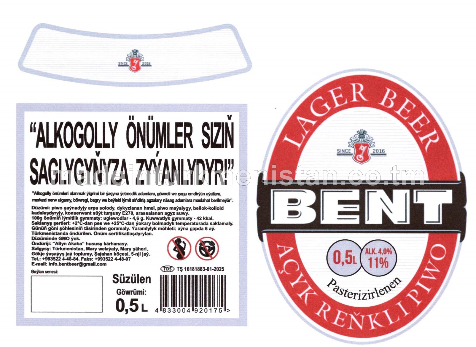 Süzülen açyk reňkli pasterizirlenen piwo. Alk: 4,0%