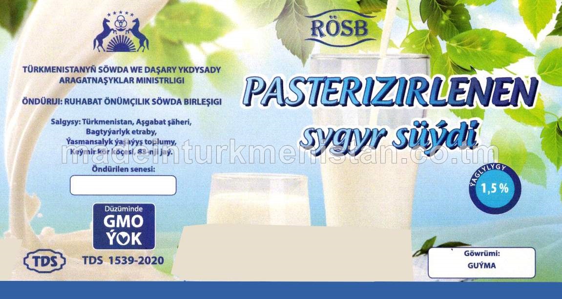 Pasterizirlenen sygyr süýdi. Ýaglygy 1,5% (guýma)