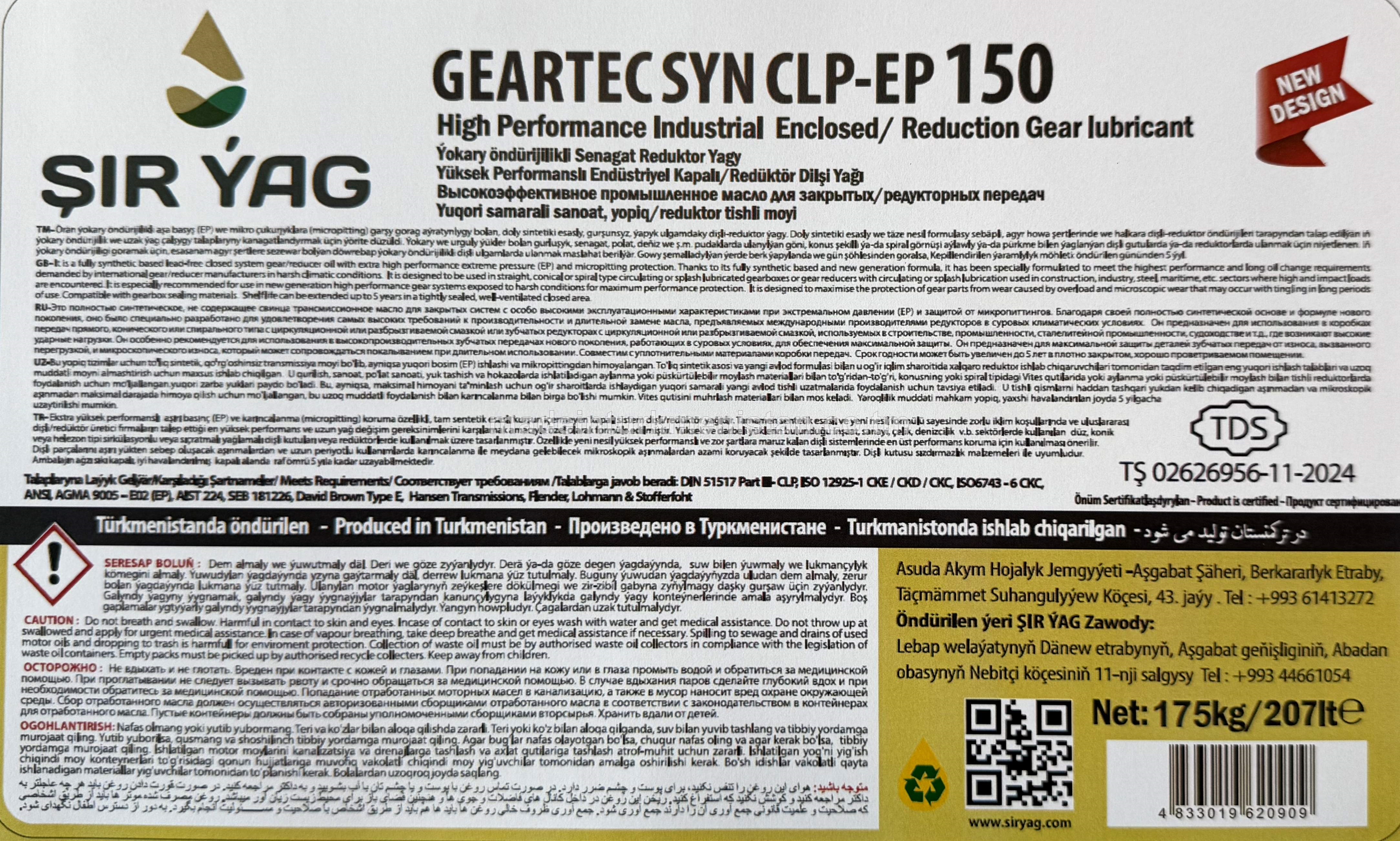 Ýokary öndürijikli Senagat Reduktor Ýagy GEARTEC SYN CLP-EP 150