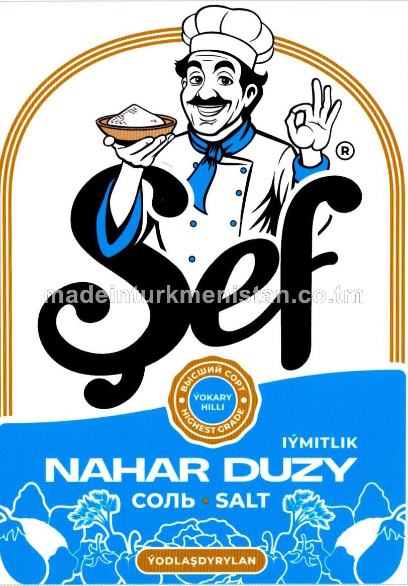 "Şef" çöken ýodlaşdyrylan iýmitlik nahar duzy. Ýokary hilli. Üwelen:0