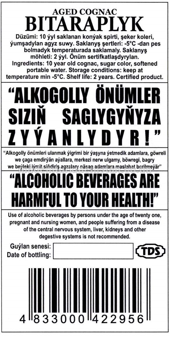 "Bitaraplyk" saklanan konýagy. Alk: 40% (30ýyl). 10 ýyldyzly