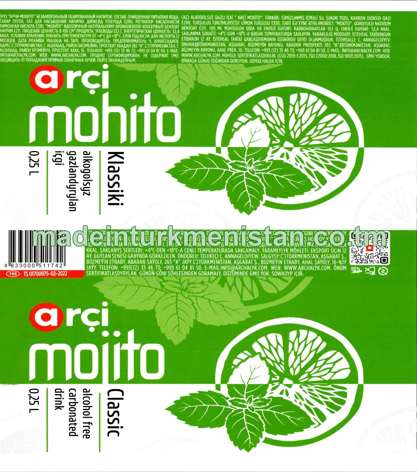 "Arçi Mohito" Klassiki  alkogolsyz gazlandyrylan içgi 