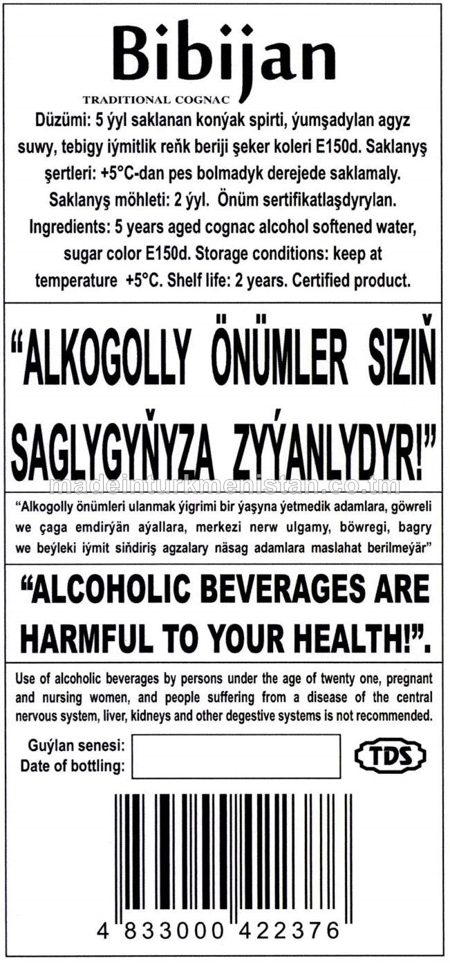 "Bibijan" adaty konýagy. Alk: 40%, şeker 15g/dm3