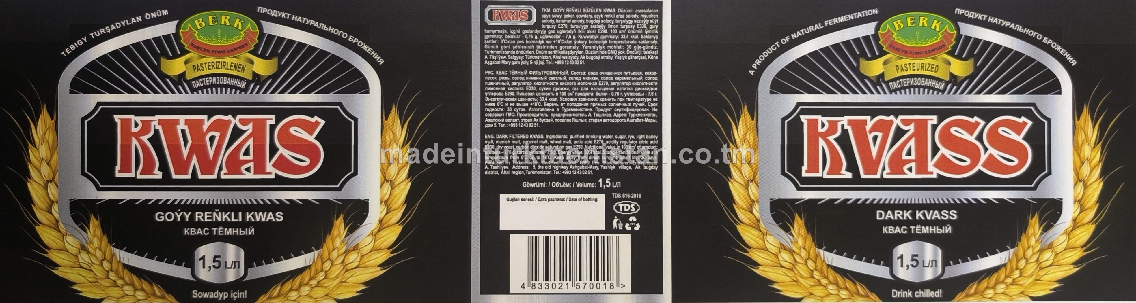 Goýy reňkli süzülen kwas pasterizirlenen