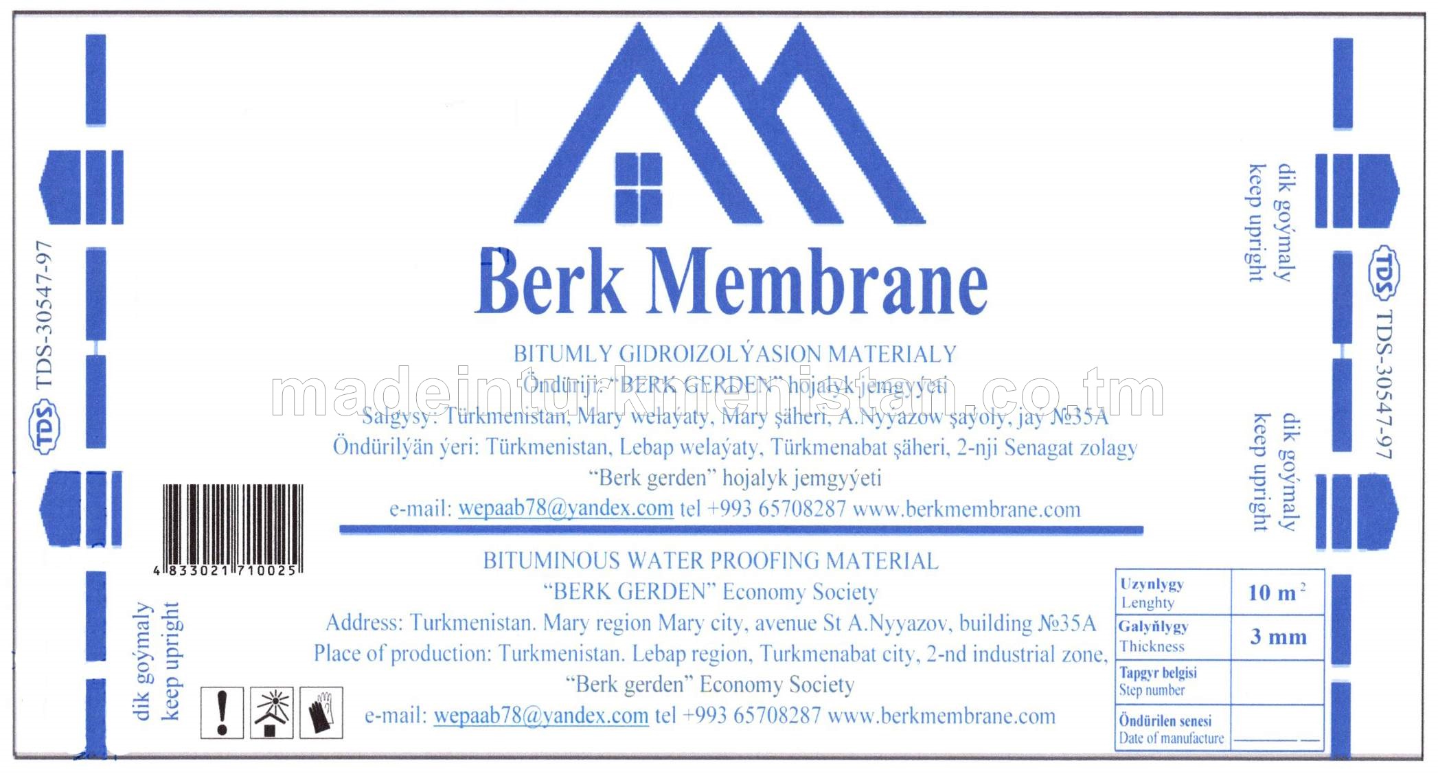 Bitumly gidroizolýasion materialy. Galyňlygy: 3mm