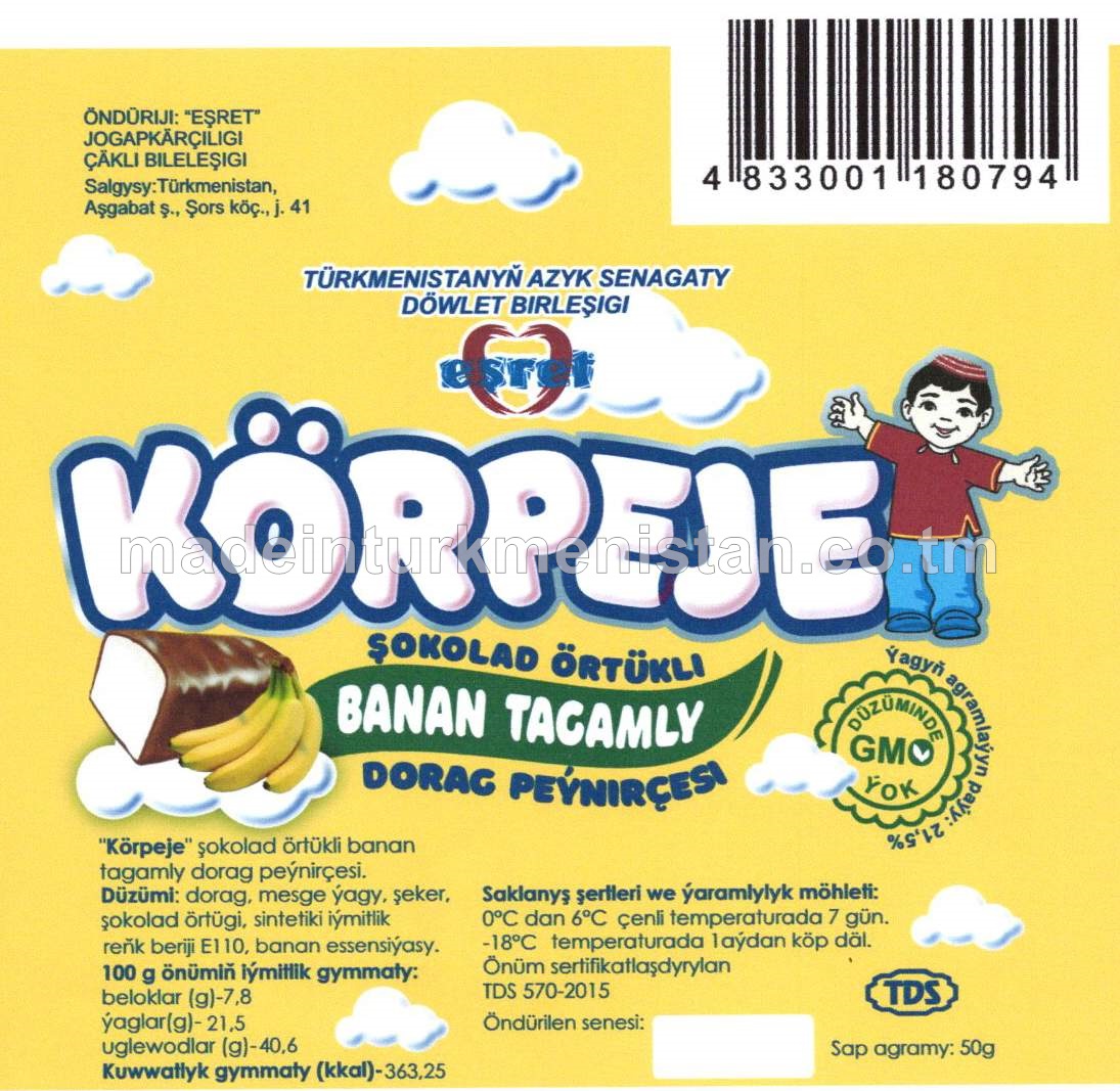 "Körpeje" şokolad örtükli banan tagamly dorag peýnirçesi