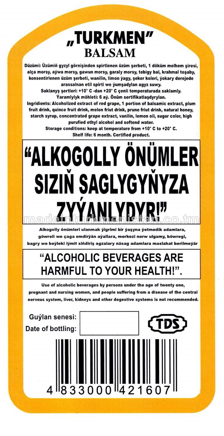 "Türkmen" balzamy. Alk: 40%