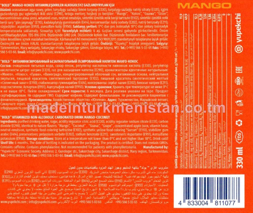 Mango-kokos witaminleşdirilen alkogolsyz gazlandyrylan içgi