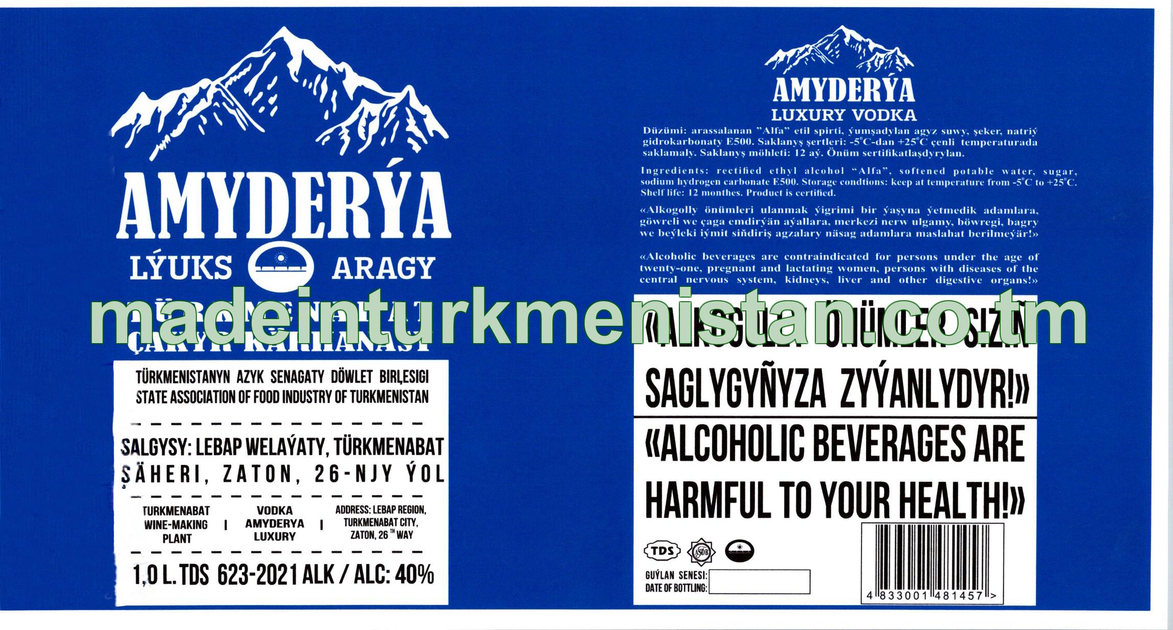 "Amyderýa" lýuks aragy. Alk: 40% (dag etiketka)