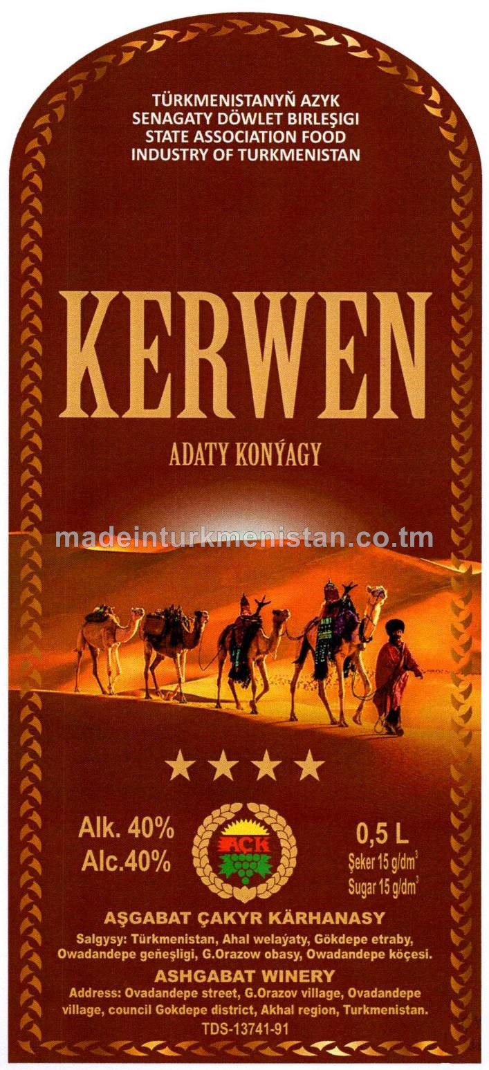 "Kerwen" adaty konýagy. Alk: 40%, şeker 15g/dm3