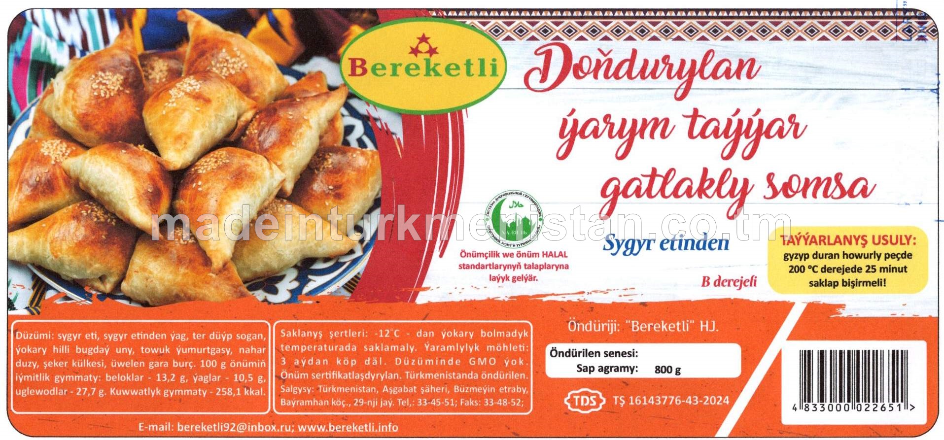 Doňdurylan ýarym taýýar gatlakly somsa sygyr etinden, B derejeli