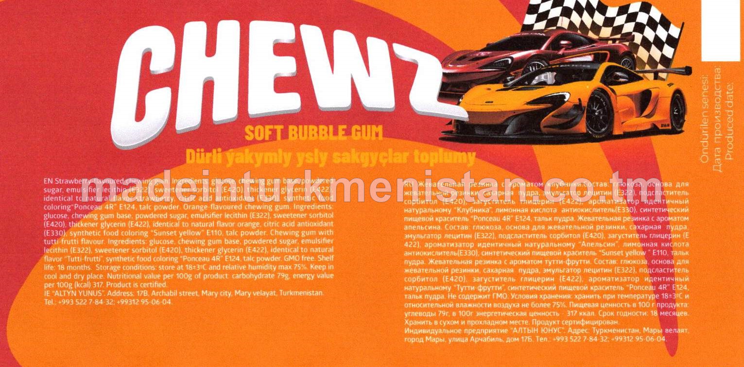 "chewz" Dürli ýakymly ysly sakgyçlar toplumy (ýertudana, pyrtykal, tutti-frutti) (5x3,5g)