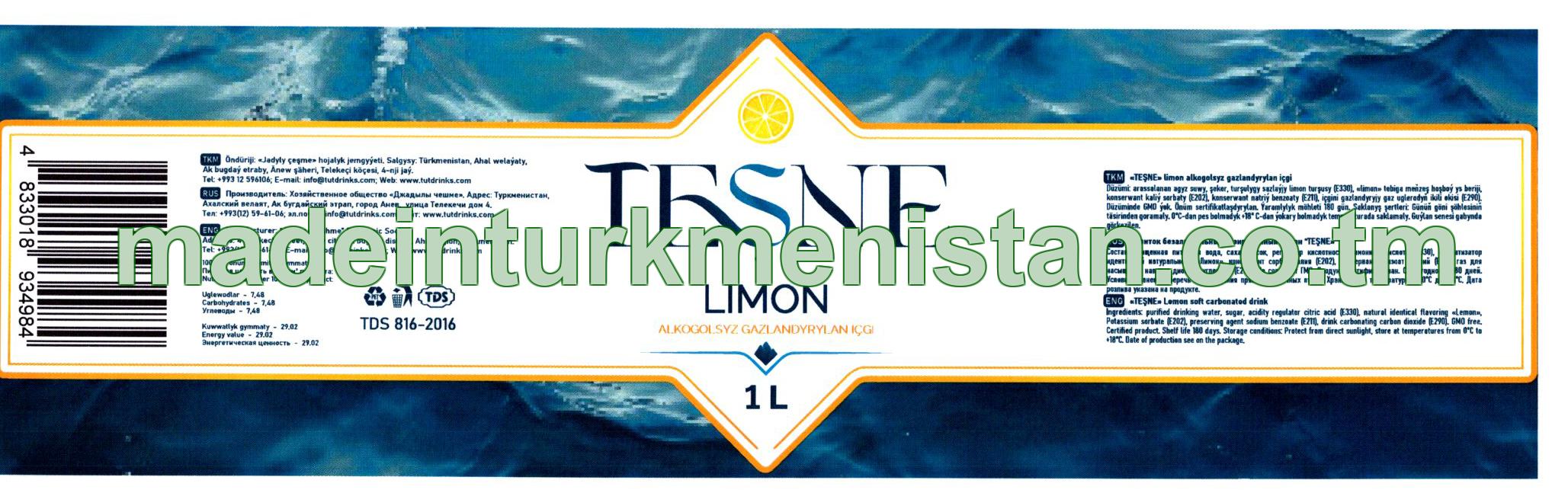"Teşne" Limon alkagolsyz gazlandyrylan içgi