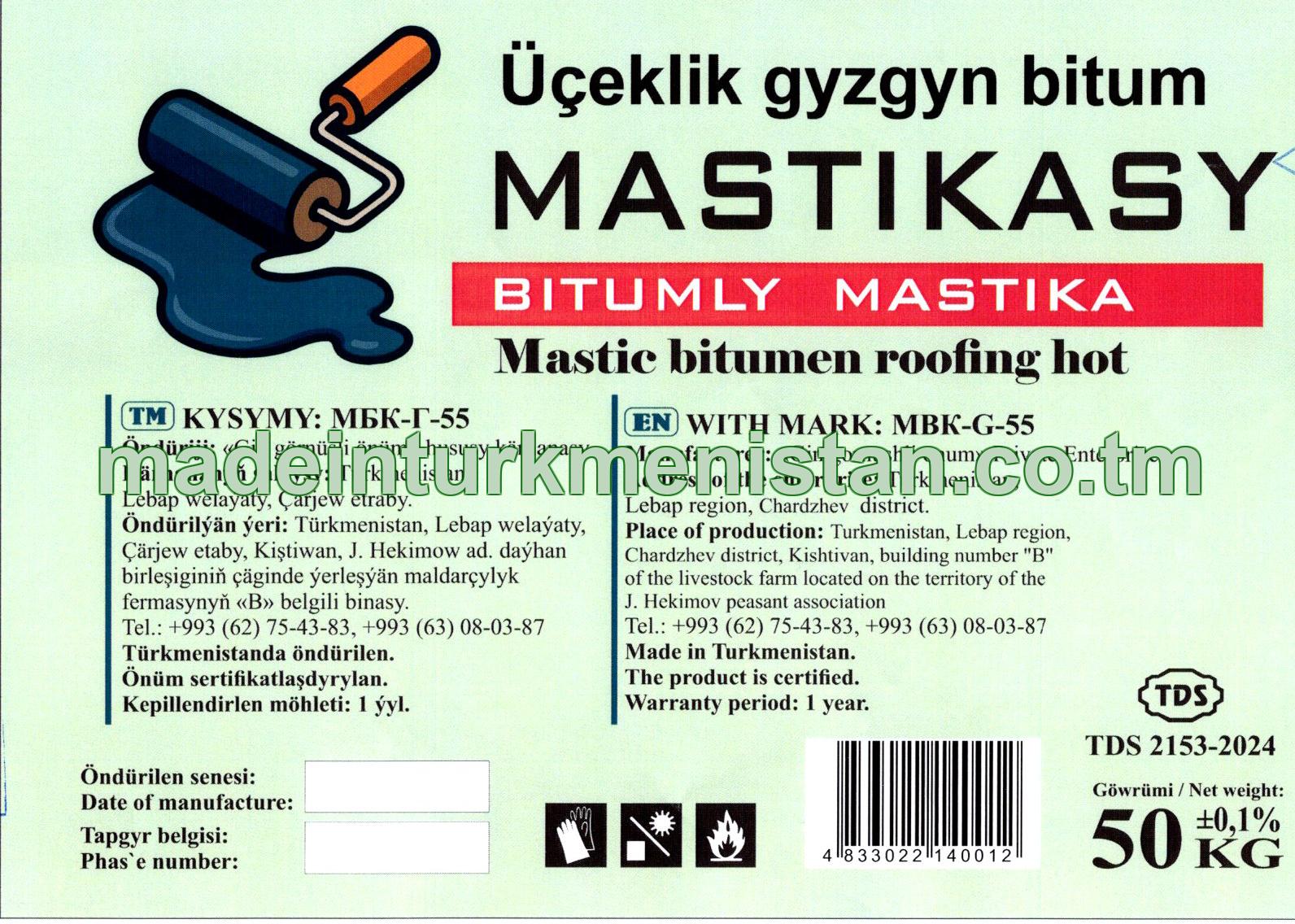 Üçeklik gyzgyn bitum Mastikasy. Kysymy: МБК-Г-55