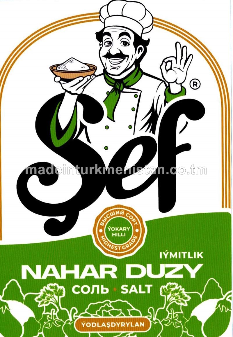 "Şef" çöken ýodlaşdyrylan iýmitlik nahar duzy. Ýokary hilli. Üwelen:1