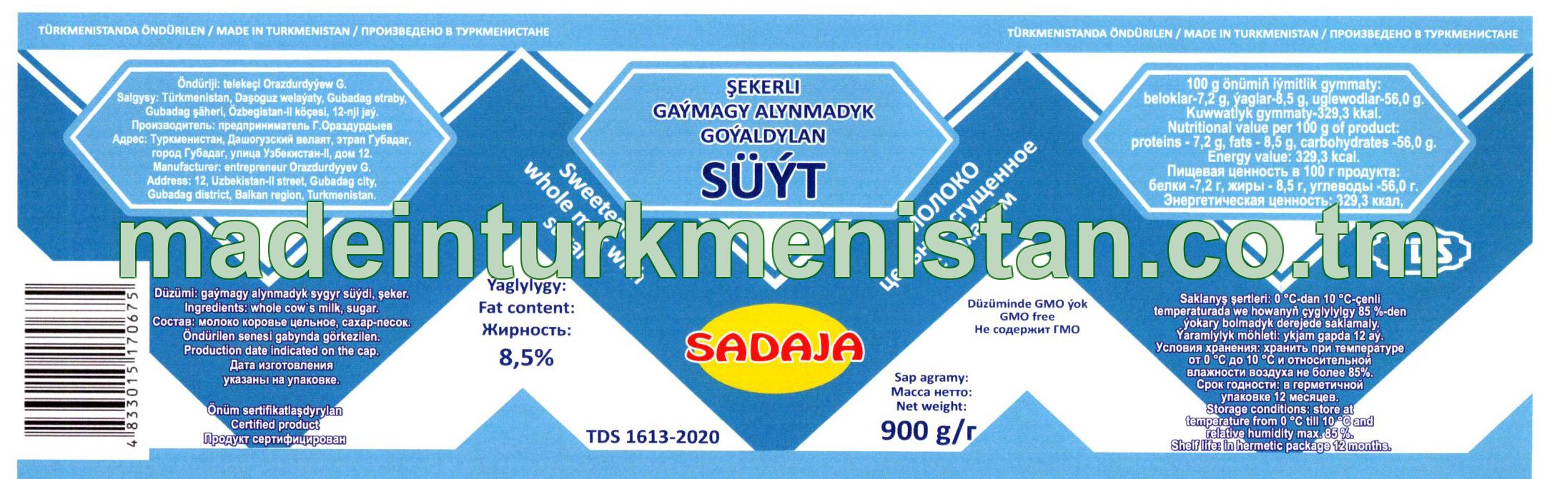 ŞEKERLI GAÝMAGY ALYNMADYK GOÝALDYLAN SÜÝT, ýaglylygy 8,5 %