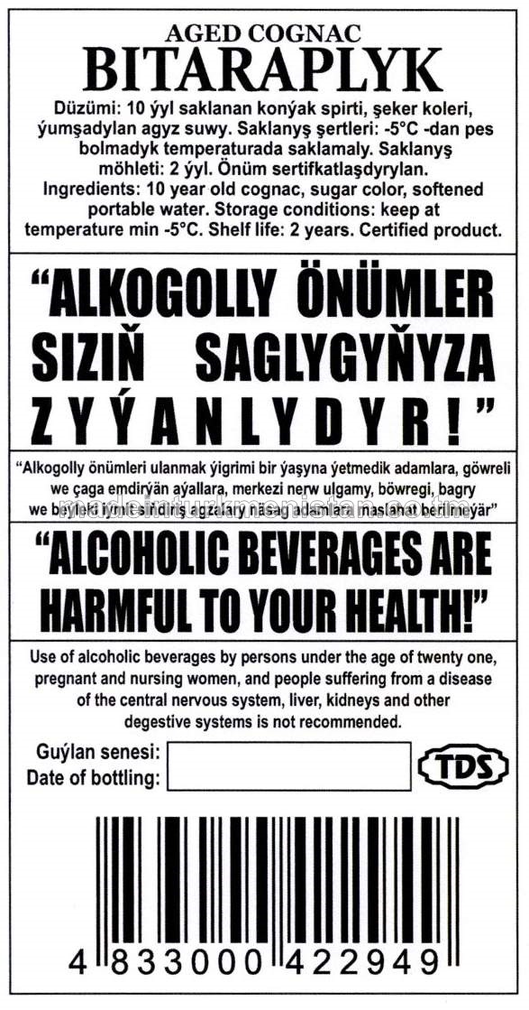 "Bitaraplyk" saklanan konýagy. Alk: 40% (30ýyl). 10 ýyldyzly