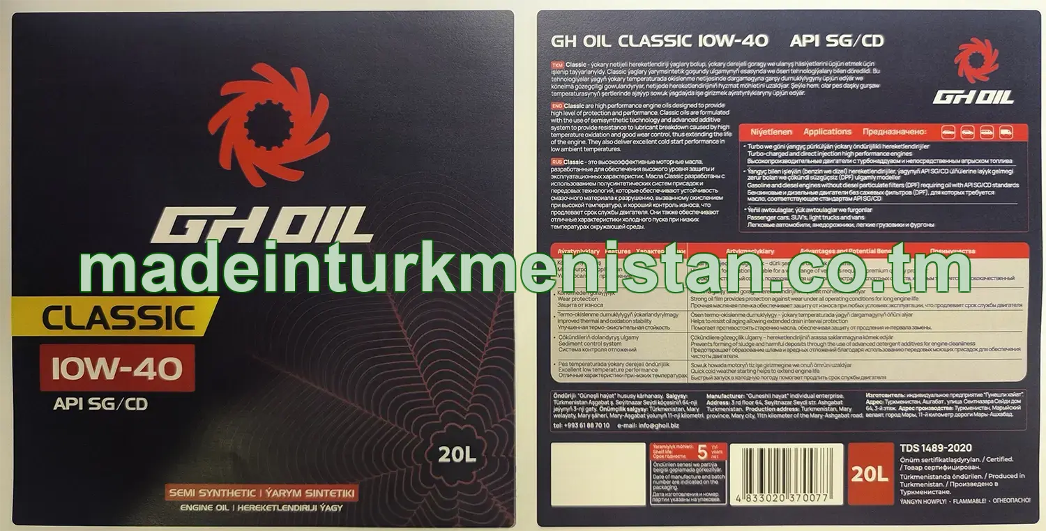 Ýarym sintetiki hereketlendiriji ýagy Classic 10W-40 API SG/CD