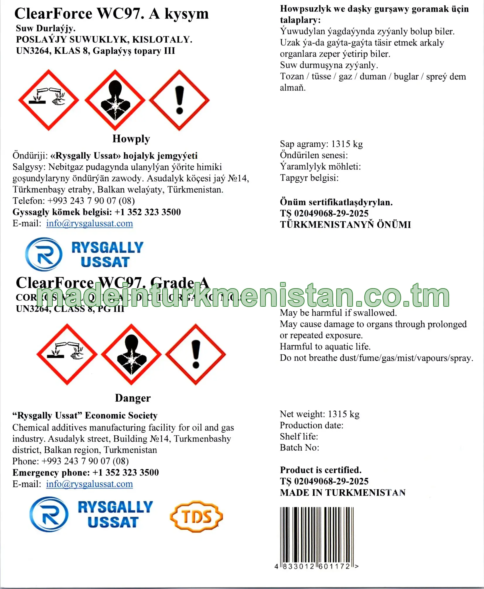 ClearForce WC97. A kysym. Suw Durlaýjy. POSLAÝJY SUWUKLYK, KISLOTALY, UN3264, Klas 8, Gaplaýyş topary III