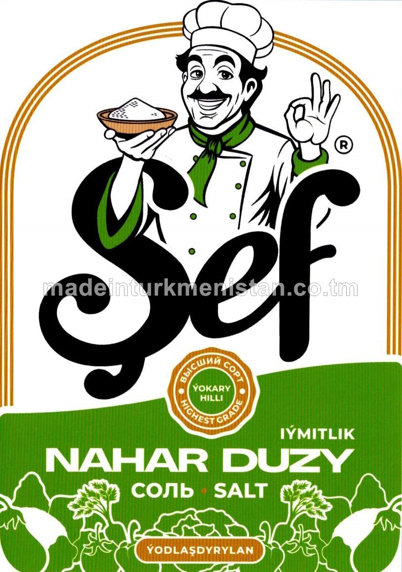 "Şef" çöken ýodlaşdyrylan iýmitlik nahar duzy. Ýokary hilli. Üwelen:1