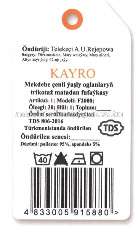 Mekdebe çenli ýaşly oglanlaryň trikotaž matadan fufaýkasy. Modeli: F2000, artikul:1, ölçegi: 30