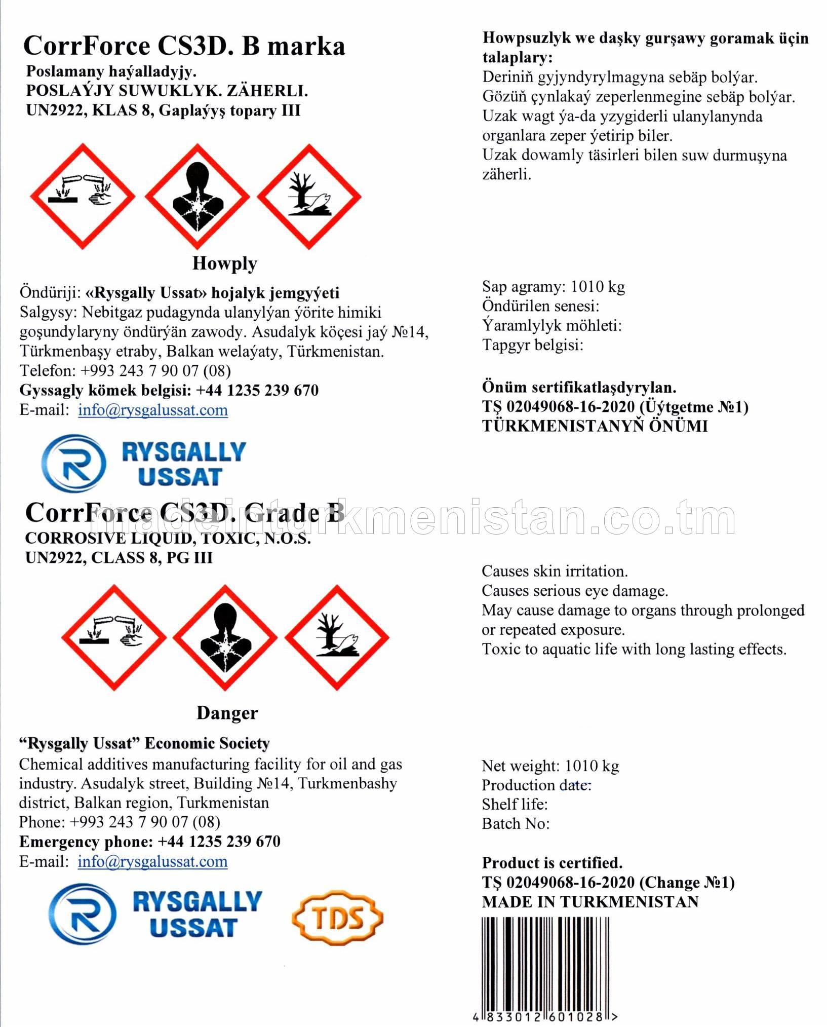 CorrForce CS3D. B marka Poslamany haýalladyjy. POSLAÝJY SUWUKLYK. ZÄHERLI. UN2922, KLAS 8