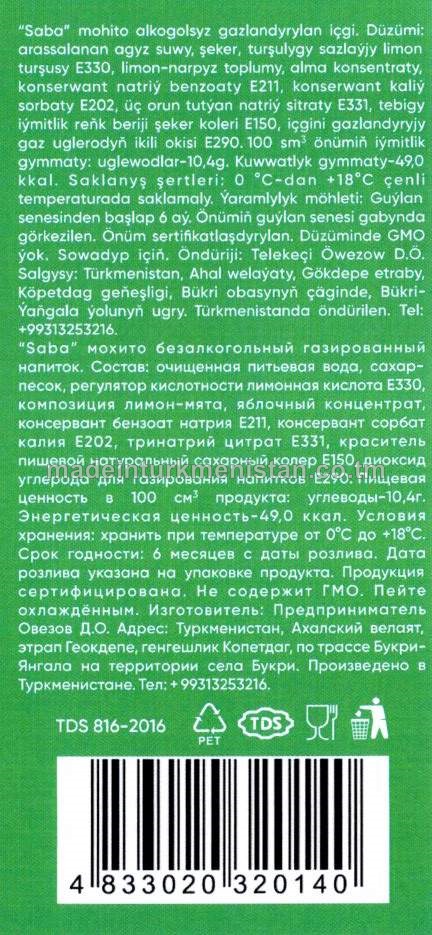 Mohito alkogolsyz gazlandyrylan içgi