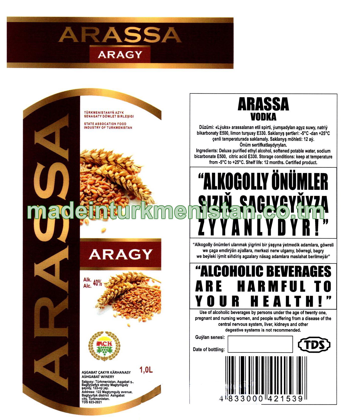 "ARASSA" vodka. Alc: 40%