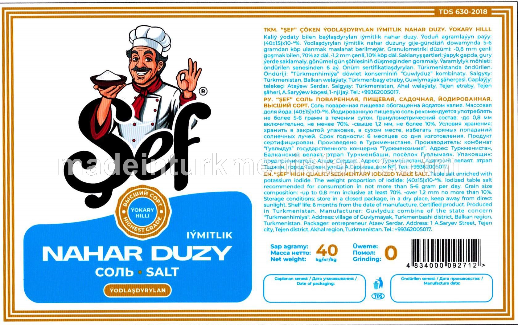 "Şef" çöken ýodlaşdyrylan iýmitlik nahar duzy. Ýokary hilli. Üwelen:0