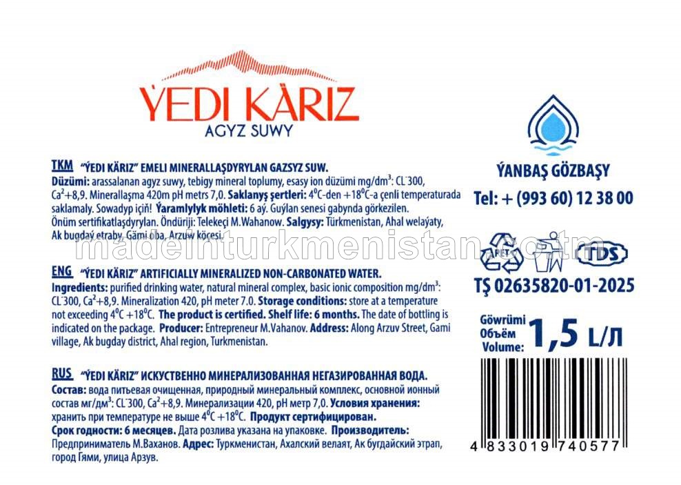 ÝEDI KÄRIZ EMELI MINERALLAŞDYRYLAN GAZSYZ SUWY