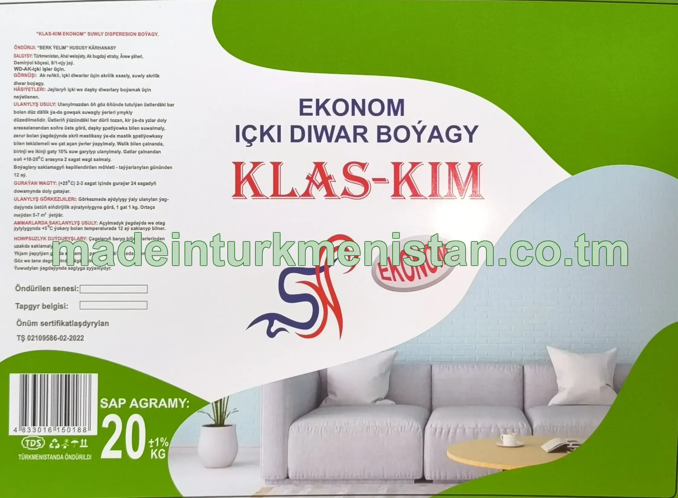 "Klas-Kim" Ekonom suwly dispersion boýagy, ak reňkli, WD-AK (içki diwar boýagy) 