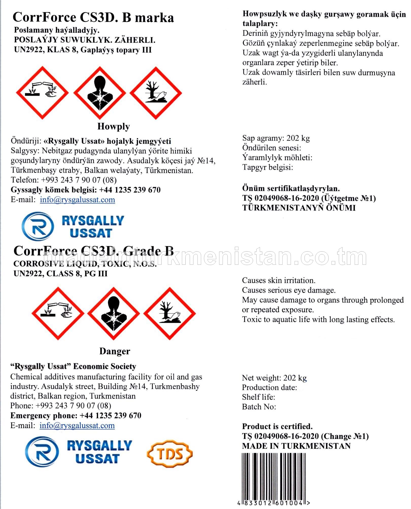 CorrForce CS3D. B marka. Poslamany haýalladyjy. POSLAÝJY SUWUKLYK. ZÄHERLI. UN2922, KLAS 8