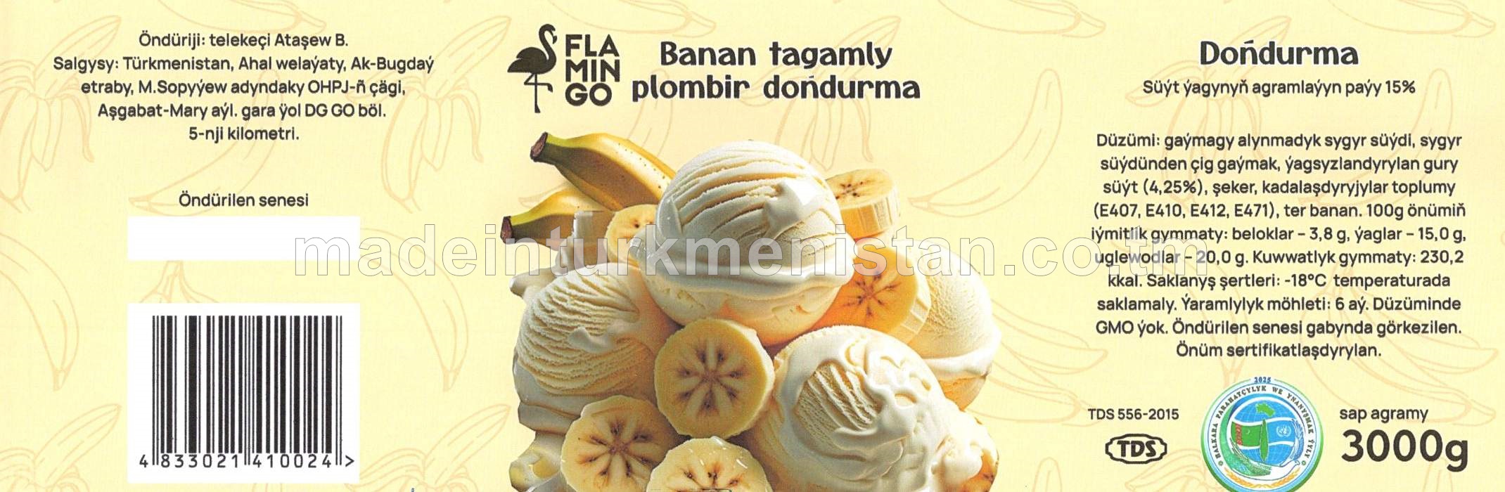 Banan tagamly plombir doňdurma. Süýt ýagynyň agramlaýyn paýy 15%