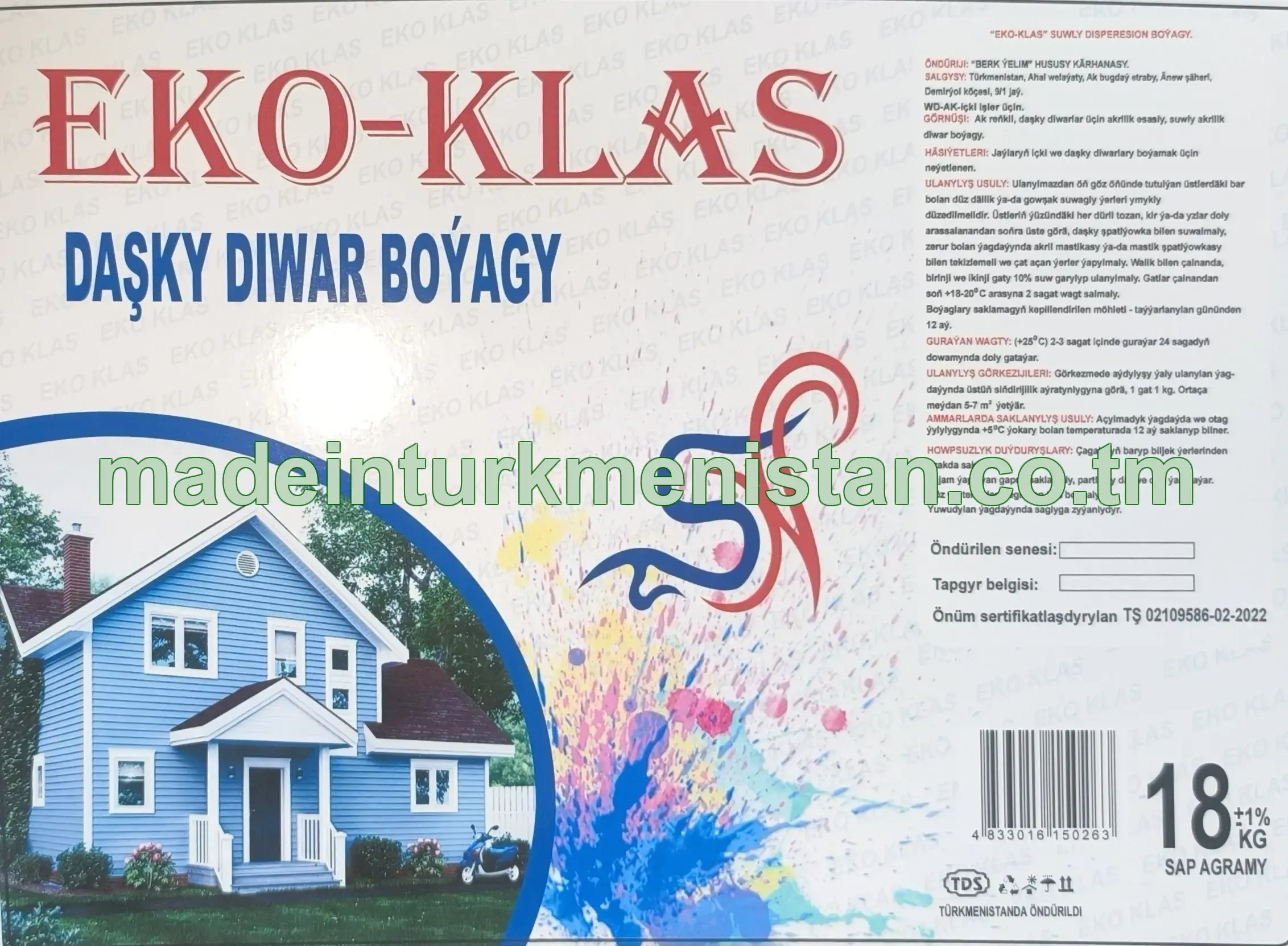 "Eko-Klas" suwly dispersion boýagy, ak reňkli ( plastik daşky diwar boýagy)
