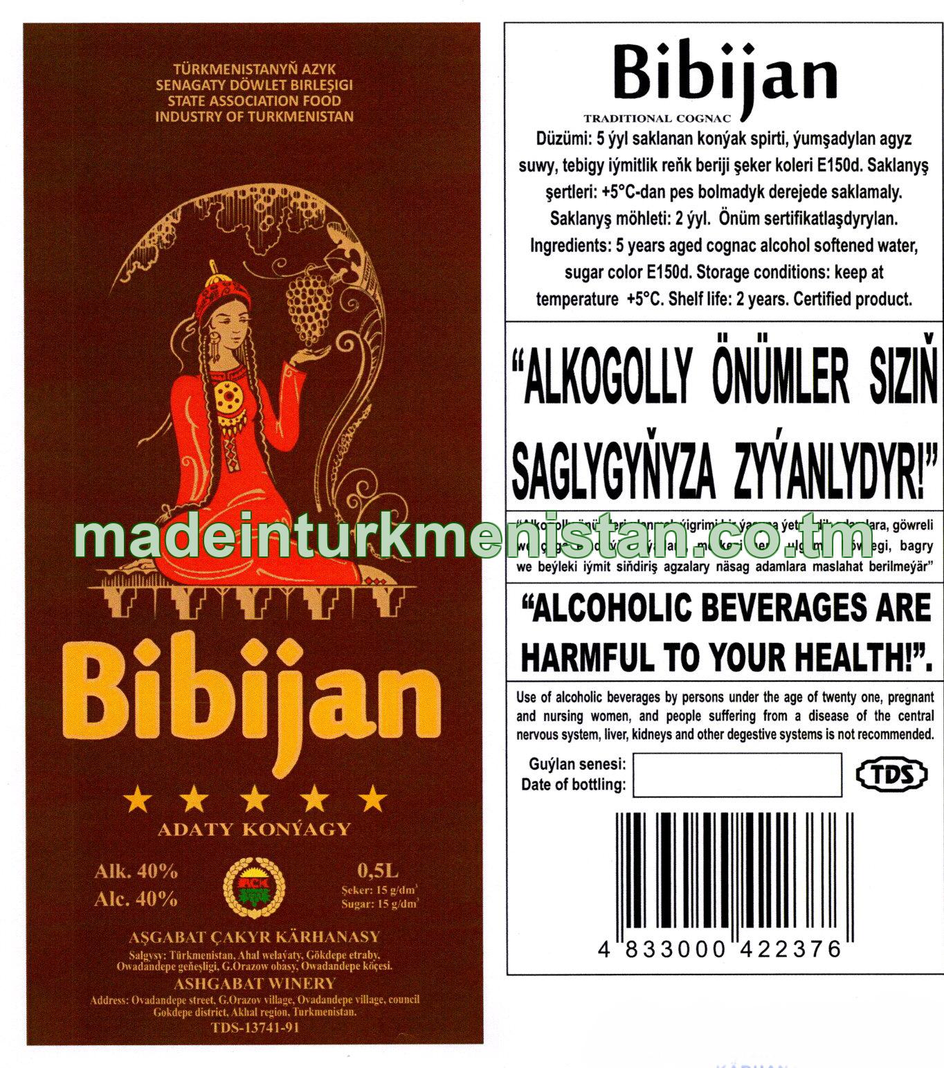 "Bibijan" adaty konýagy. Alk: 40%, şeker 15g/dm3