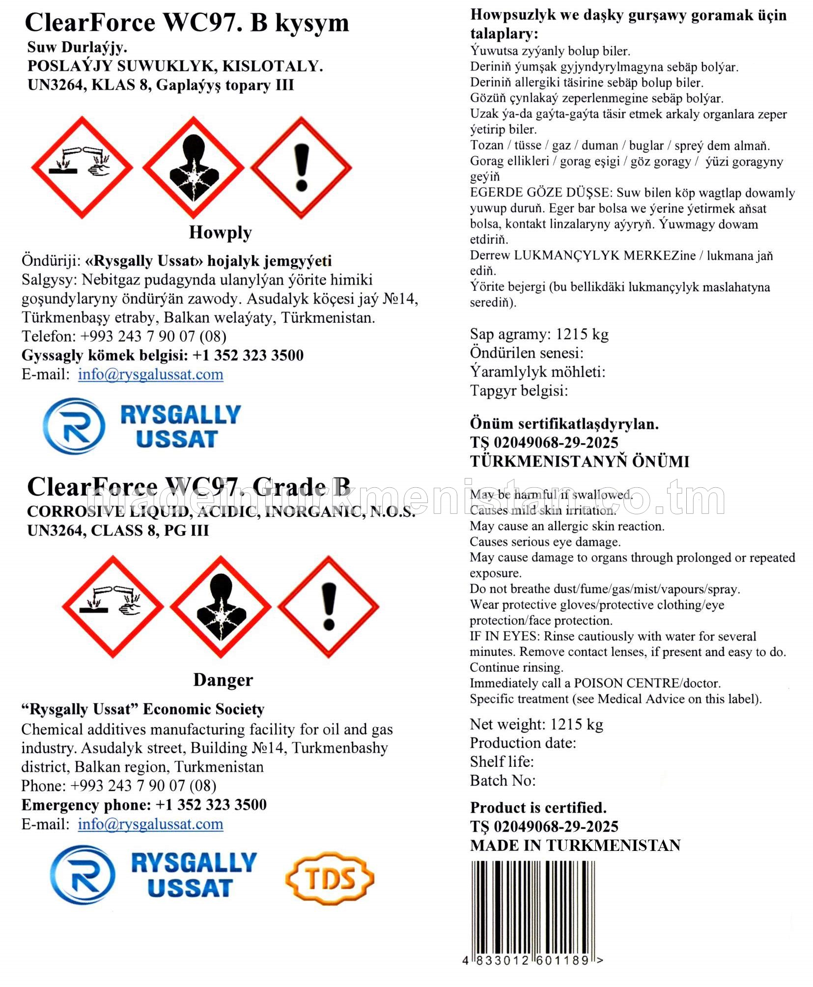 ClearForce WC97. B kysym. Suw Durlaýjy. POSLAÝJY SUWUKLYK, KISLOTALY, UN3264, Klas 8, Gaplaýyş topary III