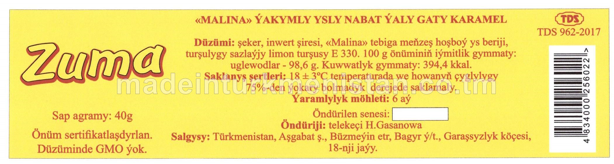 Malina ýakymly ysly nabat ýaly gaty karamel