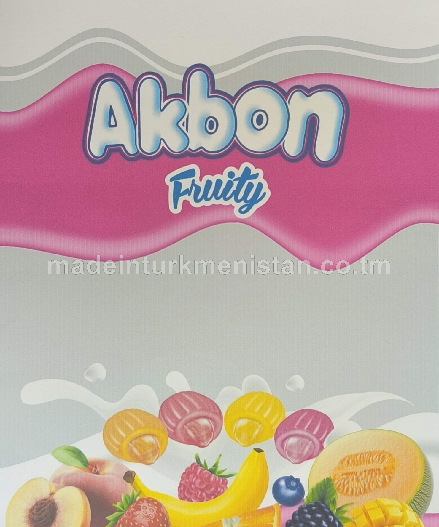 "Akbon Fruity" dürli ýakymly ysly huruşly nabat görnüşli karameller toplumy (ýertudana, pyrtykal, gawun, şetdaly)