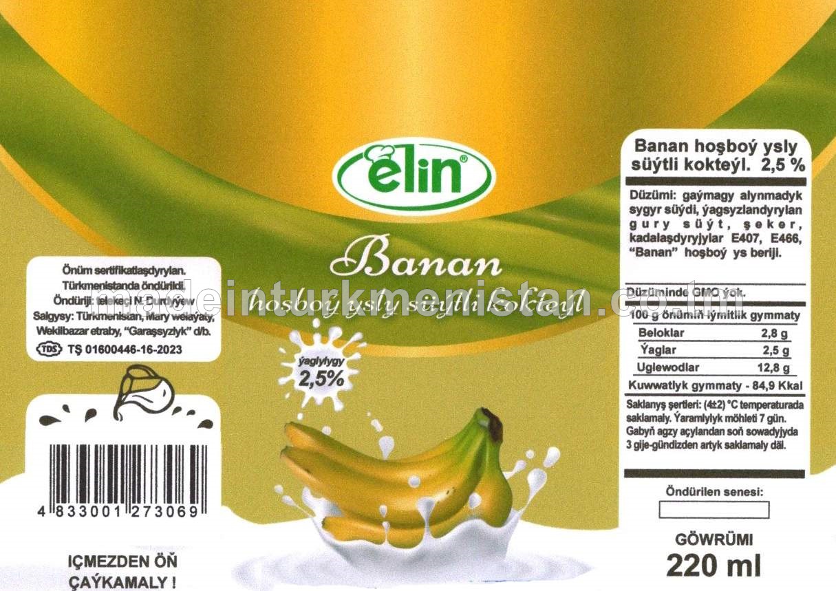 Banan hoşboý ysly süýtli kokteýl. Ýaglylygy 2.5%
