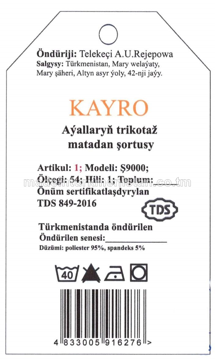 Aýallaryň trikotaž matadan şortysy. Modeli: Ş9000, artikul: 1, ölçegi: 54